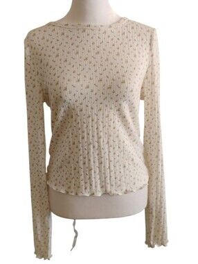 Aeropostale Cream Floral Ribbed Crop Top Long Sleeve Top